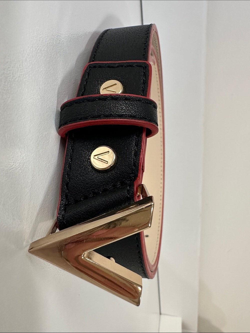 Mario Valentino Black Leather Belt with Red Trim and Gold V Buckle